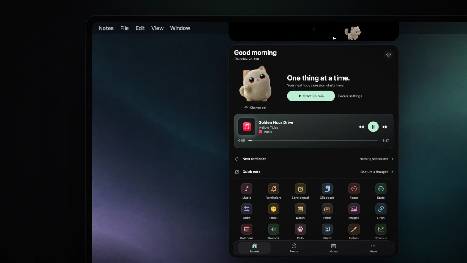 NotchBuddy open on a MacBook: a tiny pet, focus timer, music and everyday tools