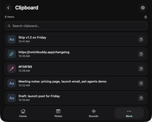 Real NotchBuddy Clipboard panel