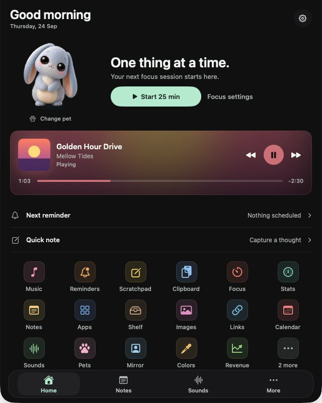 NotchBuddy Home panel with a pet, focus timer, music and tool shortcuts