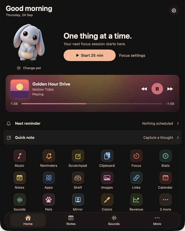 Real NotchBuddy Home panel in Ember