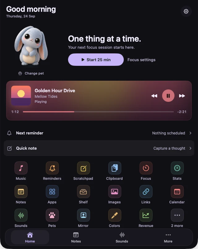 Real NotchBuddy Home panel in Midnight