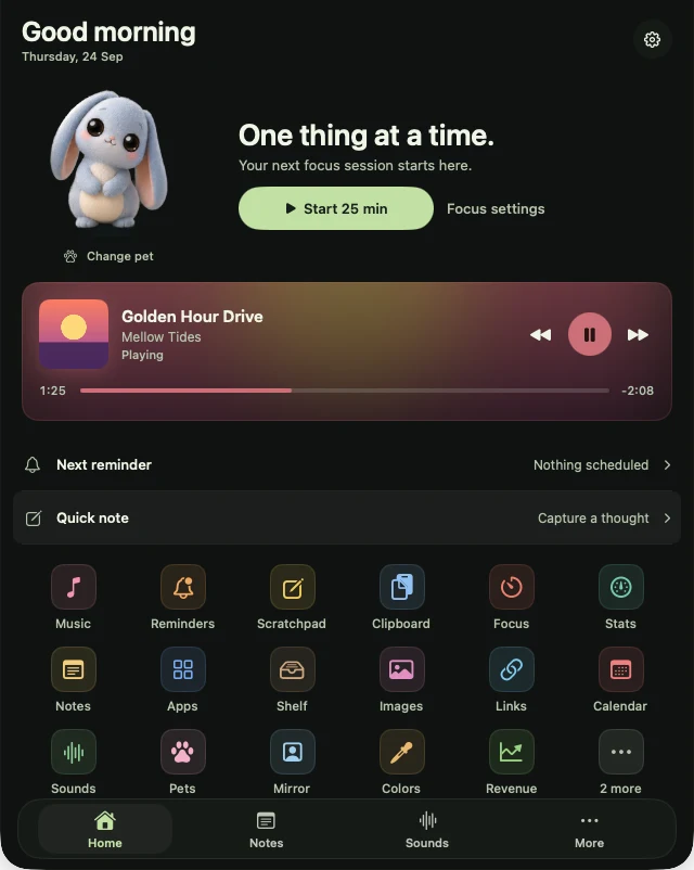 Real NotchBuddy Home panel in Sage